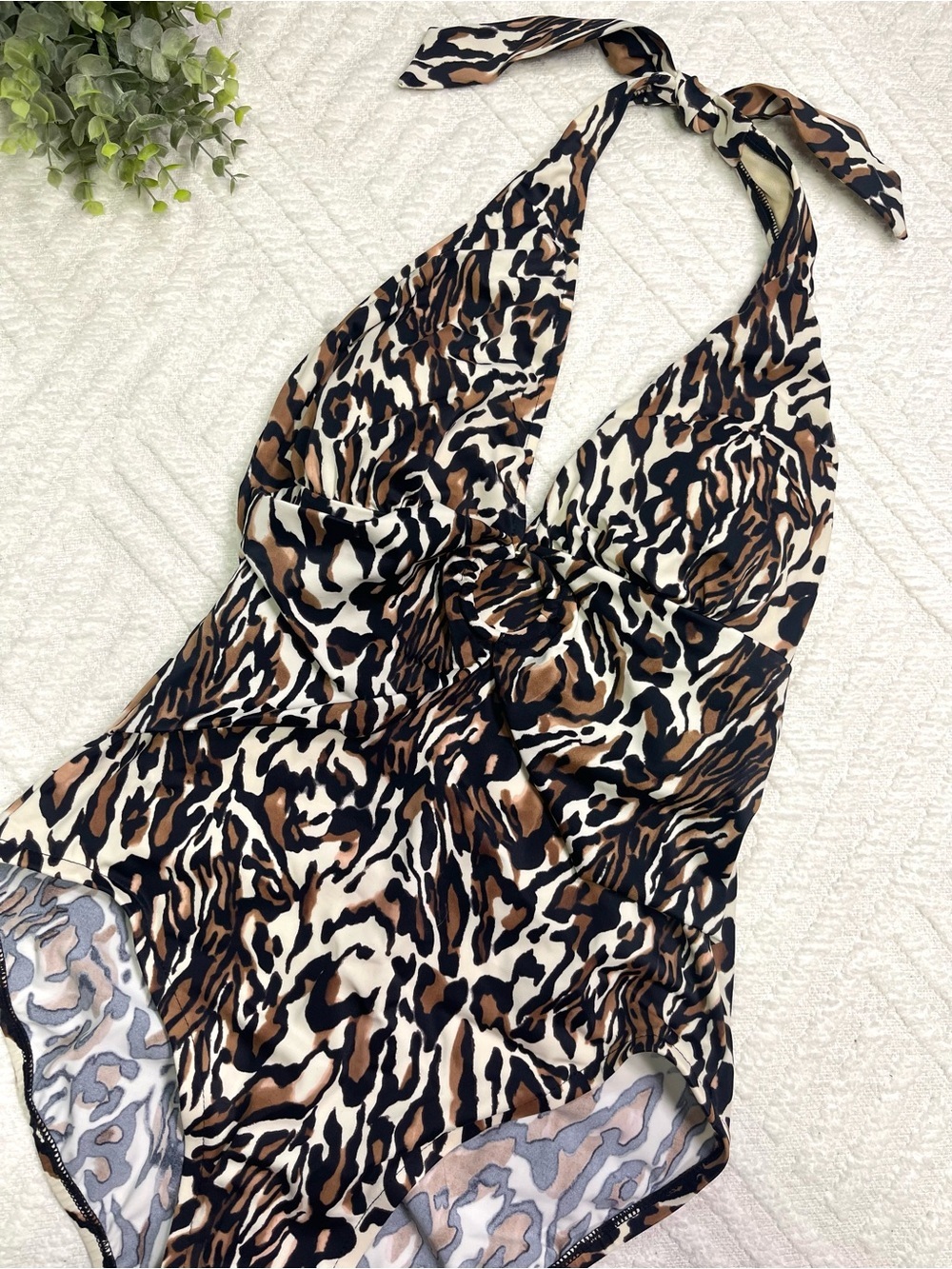 Aqua Green - Leopard Print Halter One-Piece Swimsuit Size M